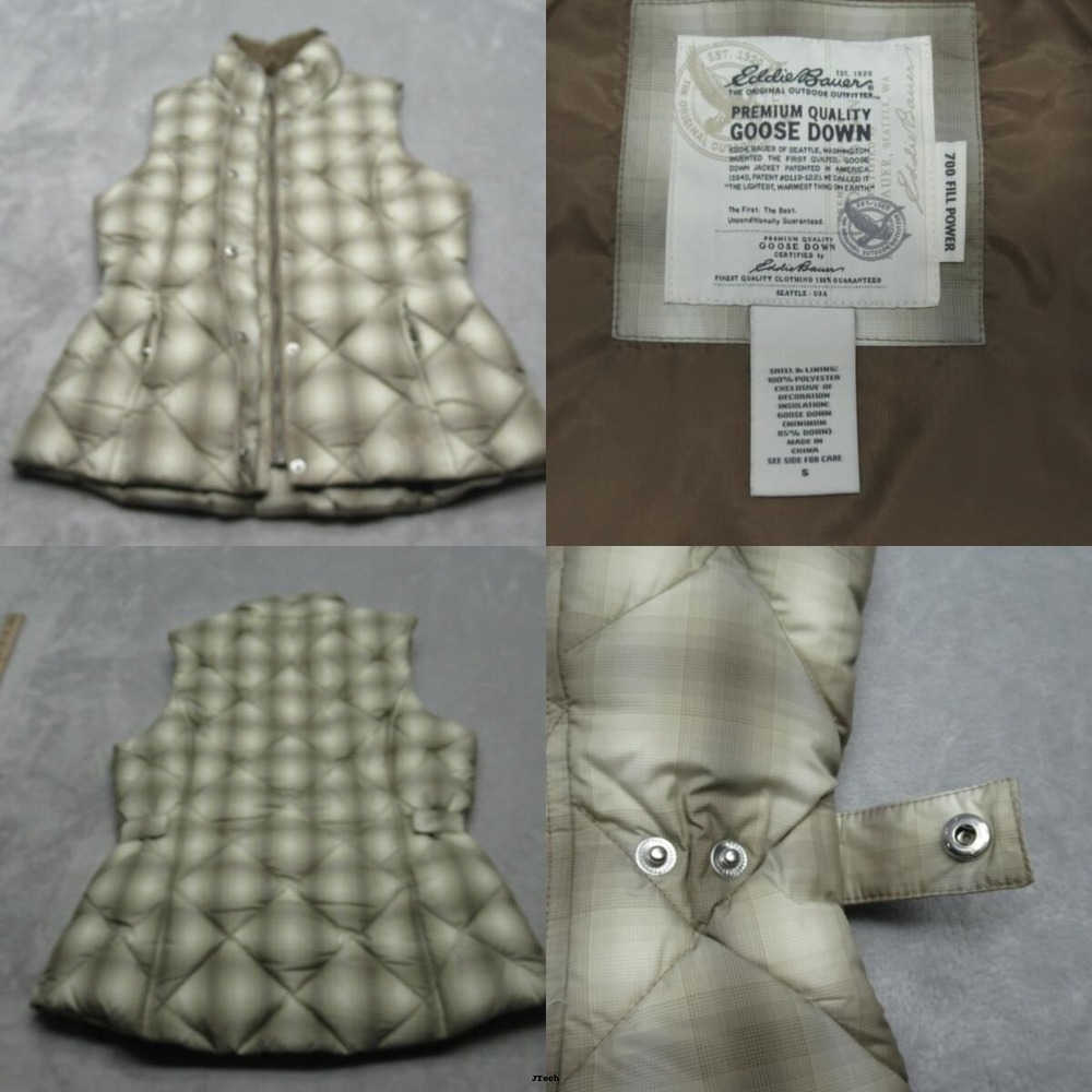 Eddie Bauer Down Vest Women Small Cream Plaid 700 Fill Full Zip Quilted Puffer